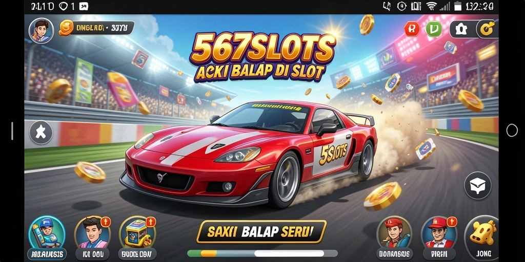 Gameplay seru 567SLOTS dengan mobil balap dan slot.