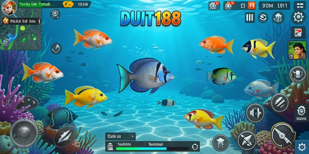 Tampilan gameplay seru dari DUIT188 dengan berbagai ikan berwarna-warni.