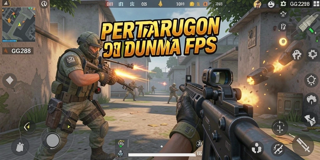 Screenshot gameplay GG288 menunjukkan pertarungan intens dalam mode FPS.